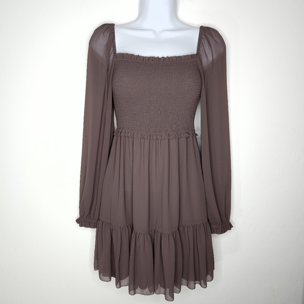 Aritzia Wilfred Tempest Smocked Tiered Long Sleeve Square Neck Mini Dress Sz XS